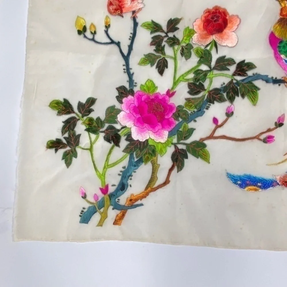 Vintage Japanese Silk Hand Embroidered Embroidery Birds and Flowers Needlepoint